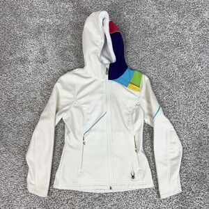 Spyder Jacket Womens XS White Hooded Softshell Ski Snow Colorblock Full Zip